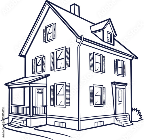 Three story suburban residential house with porch and shutters drawing