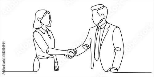 Minimalist continuous line drawing of a business man and woman making a deal Vector, illustration