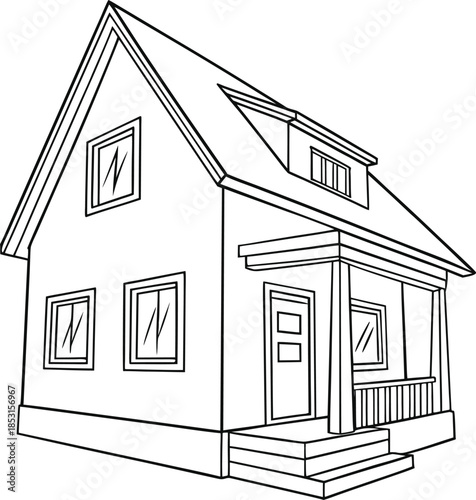 Simple small cottage house with front porch and gable roof line art