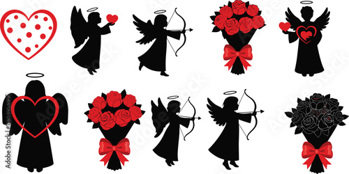 Valentine’s Day silhouette set with cupids, hearts, and rose bouquets in black and red for romantic design themes.