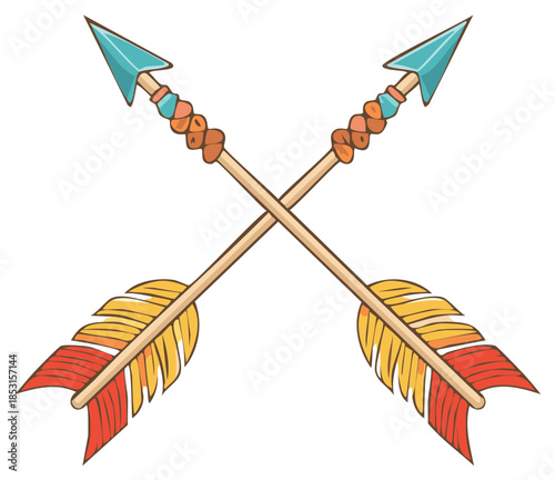 Decorative crossed tribal arrows with colorful feathers and beads vector illustration