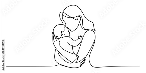 A beautiful minimalist continuous line drawing depicting the tender bond between a mother and her child Vector, illustration