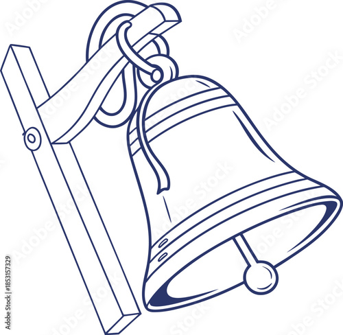 Bell hanging on wooden support on transparent background