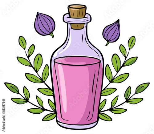 Bottle of pink essential oil with floral decoration and buds for aromatherapy