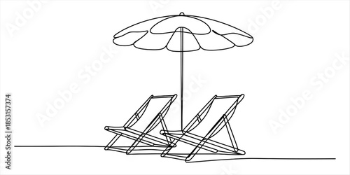 A minimalist single continuous line drawing of two folding chairs and a large beach umbrella Vector, illustration