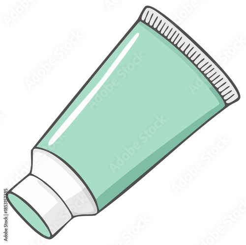 Simple cartoon illustration of a blank mint green tube for toothpaste cream or cosmetic lotion