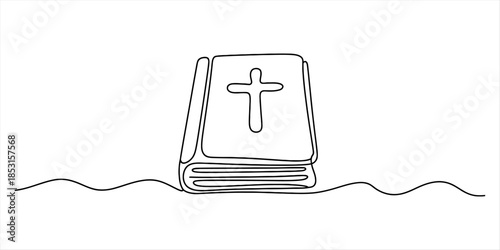 A continuous one line drawing of a holy book or bible with a cross on the cover Vector, illustration