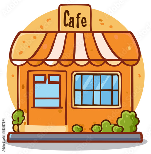 Cute Kawaii Cafe Building Facade with Awning and Street View