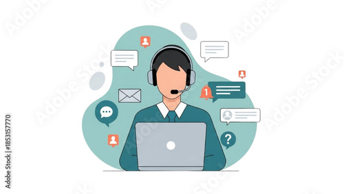 Customer service representative with headset and laptop, digital communication and support