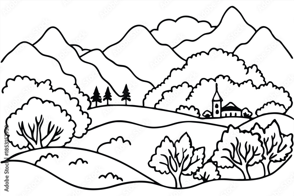 Fototapeta premium hand drawn landscapes coloring page line art silhouette vector illustration
