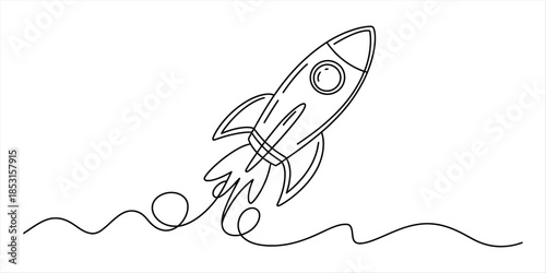 Continuous line art drawing of a rocket launch taking off into space Vector, illustration