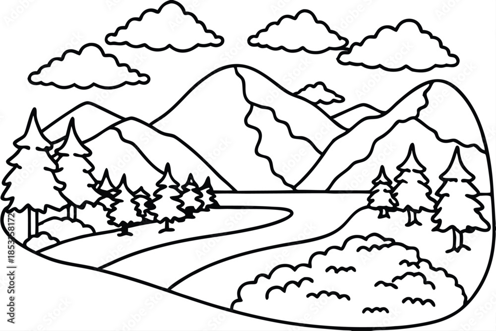 Fototapeta premium hand drawn landscapes coloring page line art silhouette vector illustration
