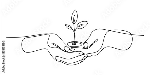 A continuous line art drawing of cupped hands holding a small growing seedling Vector, illustration