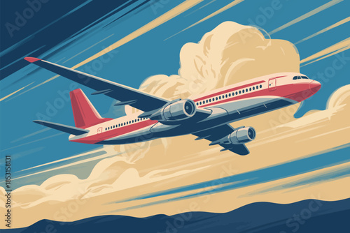 Vintage Airline Poster Featuring Stylish Airplane and Happy Travelers, Promoting Air Travel, Retro Aviation Design, Flat Vector Illustration, Perfect for Tourism, Flight Marketing, and Travel Posters