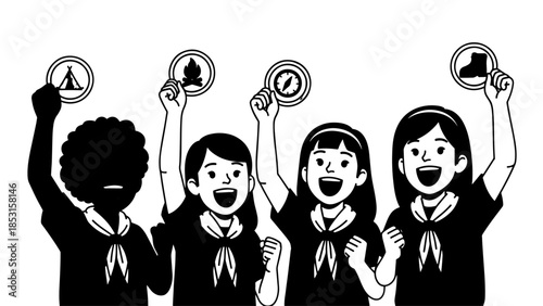 Four silhouetted people celebrating with raised arms and joyful expressions in a united, energetic crowd.