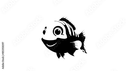 Playful black and white fish illustration with a large eye and prominent fins.