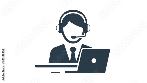 Customer service representative wearing headset and working on laptop, icon