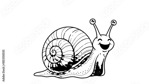 Whimsical cartoon snail with a spiraled shell smiling at the viewer.