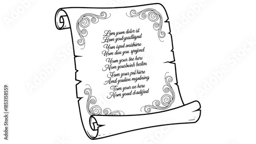 Decorative rolled parchment scroll with ornate border and handwritten text illustration.