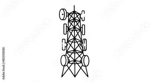 Tall cellular transmission tower with multiple antennas and lattice framework.