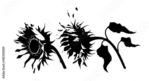 Black silhouette sunflowers with drooping heads in a bold vector illustration.