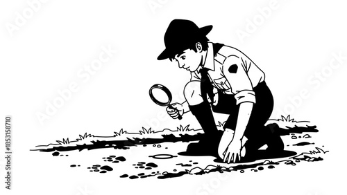 Illustration of a child investigator examining soil with a magnifying glass.