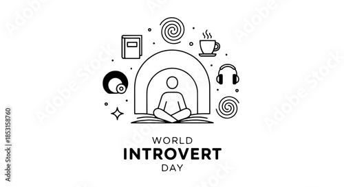 Minimalist meditation doodle celebrating World Introvert Day with icons.