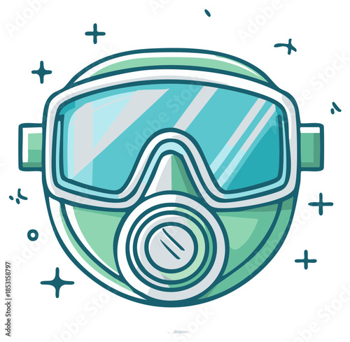 Stylized cartoon gas mask with large protective goggles and a central filter element adorned with sparkling embellishments