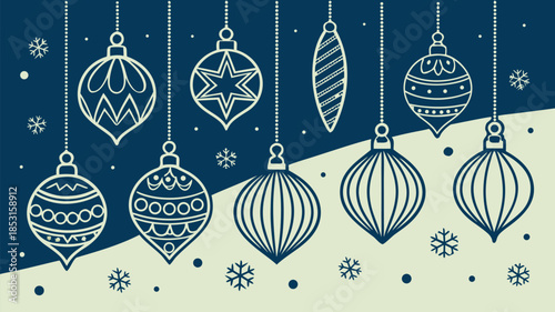 Vector illustration christmas ornaments hanging from strings on blue and beige background