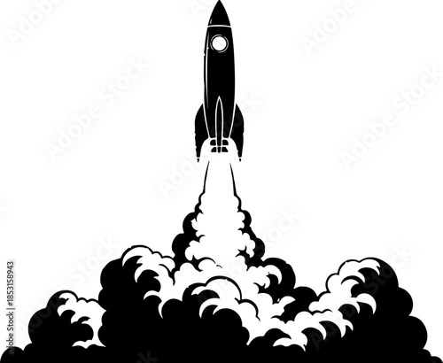 Rocket Launch Silhouette with Smoke Clouds Vector Icon
