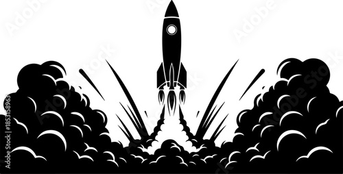 Rocket Launch Silhouette with Smoke Clouds Vector Icon
