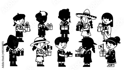 Group of Diverse Cartoon People in Traditional Mexican Attire and Festive Poses.
