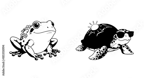 Two Cartoon Frogs in Black and White Illustration Showing Playful Amphibians.