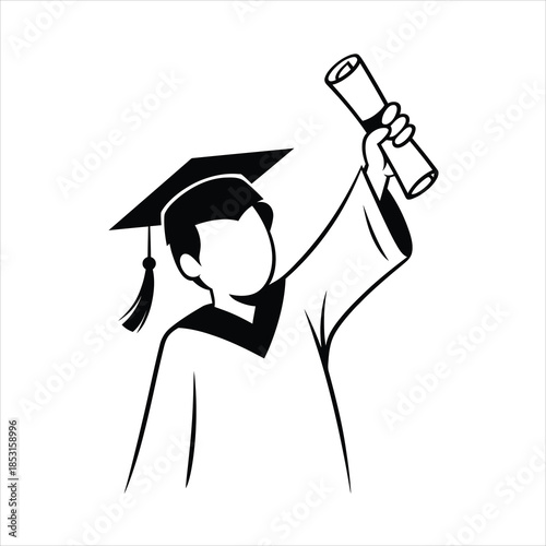 A triumphant graduate wearing a cap and gown holds a rolled diploma in celebration on a white background