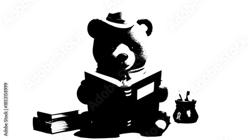 Whimsical teddy bear reading a book in a cozy monochrome scene.