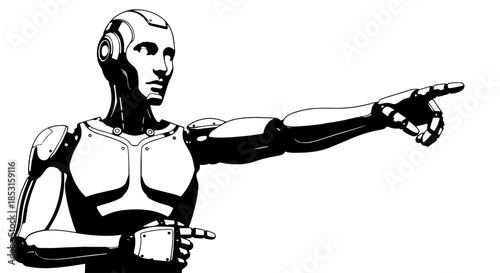 Futuristic humanoid robot with arm extended and weapon drawn in black and white illustration.