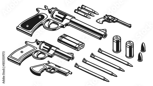 Vector illustration detailed illustration of revolver gun parts and bullets