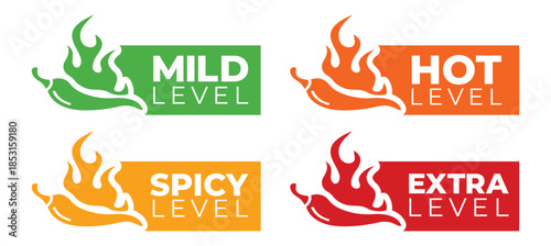 Spicy Level Labels with Chili and Flame Icons, Chili Pepper Heat Level Warning Icons, Spicy Heat Level Labels for Food Packaging
