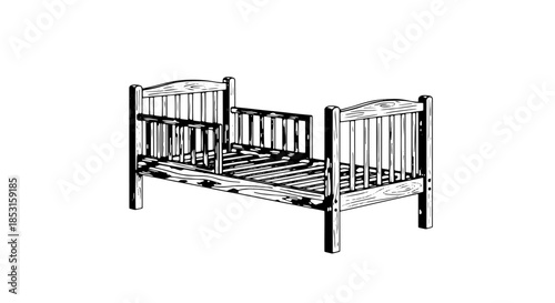 Classic metal bedframe with rails and slats in a simple bedroom setting.