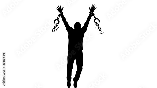 Silhouette of a person with raised arms and hanging chains with keys overhead, symbolizing freedom and liberation.