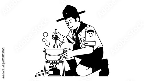 Cartoon illustration of a uniformed man grilling barbecue on a portable charcoal grill outdoors.