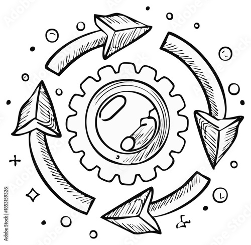 Hand Drawn Cycle Arrow Diagram with Cogwheel for Process and Workflow Illustration