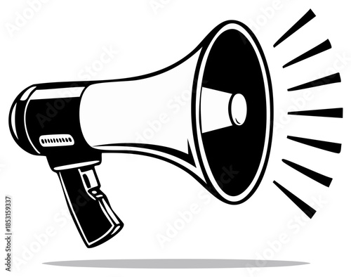 Vector illustration of a black and white megaphone, public announcement tool for promoting sales or product news, isolated on white background
