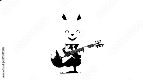 Playful panda character playing a guitar in a minimalist black and white illustration.