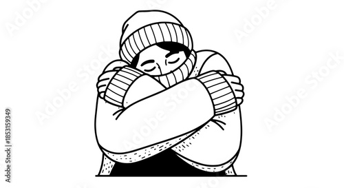 Cartoon person bundled up in winter clothing with crossed arms.