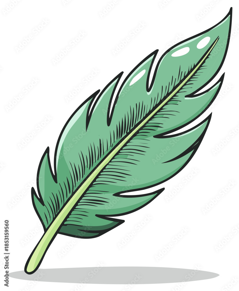 Obraz premium Cartoon Style Green Feather Plume Isolated Vector Art