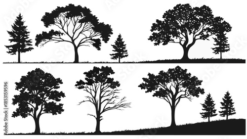 Vector illustration collection of black tree silhouettes on in various shapes and sizes