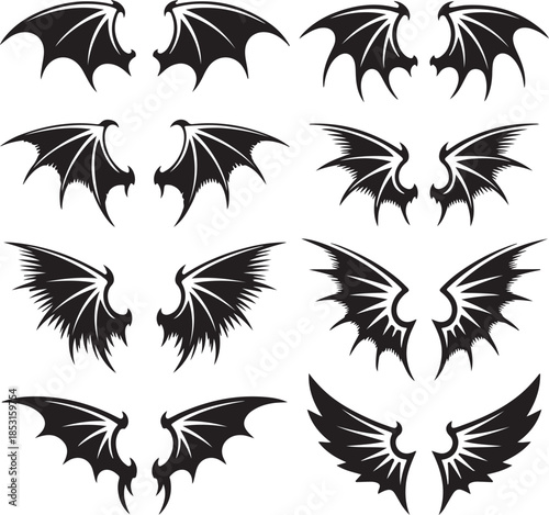 Eight black stylized bat and feathered wing silhouettes on a white background Keywords: wings, wing, silhouette, bat wings, dragon wings, angel wings, feathered wings, black, white, isolated