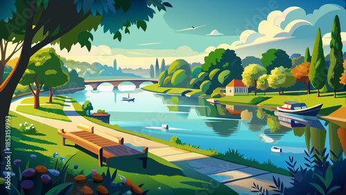 Very beautiful riverside view along the River Thames at Thames Valley Park in Reading, featuring calm waters, green banks, and a relaxed outdoor recreational atmosphere.