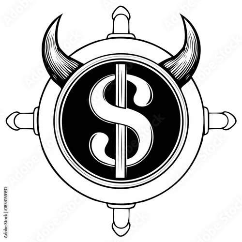 Black and white vector symbol of a dollar sign with devil horns on a ship's wheel